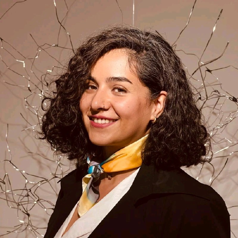 Shirin Selahvarzi smiling warmly, dark curly hair and a silk scarf, against branches strung with soft lights.